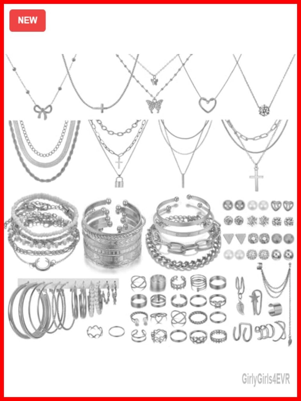 99-Piece Silver Plated Jewelry Set - Layered Necklaces, Bracelets, Earrings,